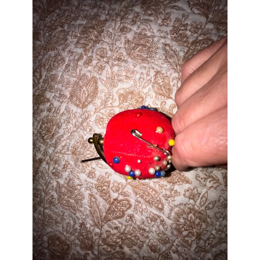 Vintage Red Tomato Pin Cushion Brass Swivel Frame Sewing Notion with Pins
